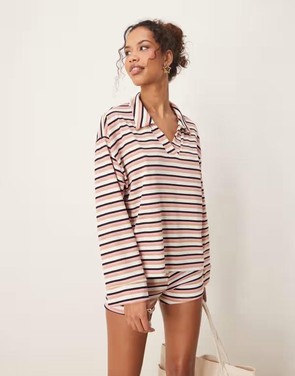 エイソス レディース トップス Tシャツ ASOS DESIGN long sleeve rugby collar top stripe - part of a set Pink Stripe ピンク 9,086円