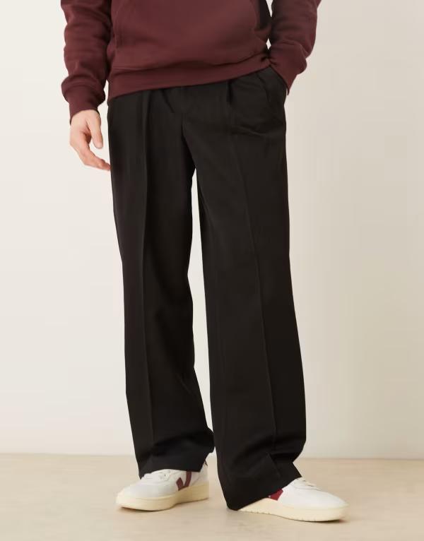 エイソス メンズ ボトムス カジュアルパンツ ワイドレッグ ASOS DESIGN wide leg dress pants with double pleats and exposed buttons Black ブラック