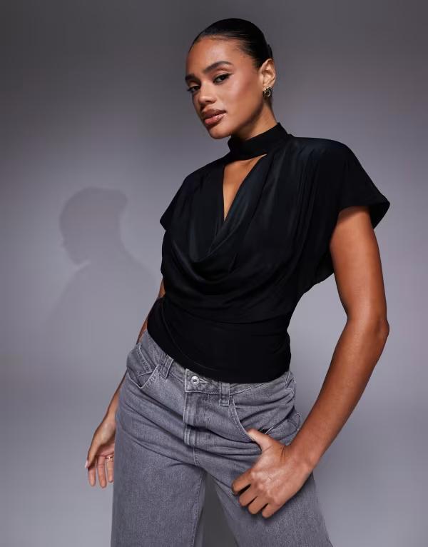 エイソス レディース トップス Tシャツ ASOS DESIGN slinky deep cowl neck top Black ブラック