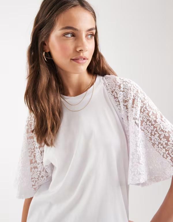 ミスセルフフリッジ レディース トップス Tシャツ レース Misselfridge tshirt with lace sleeve WHITE ホワイト