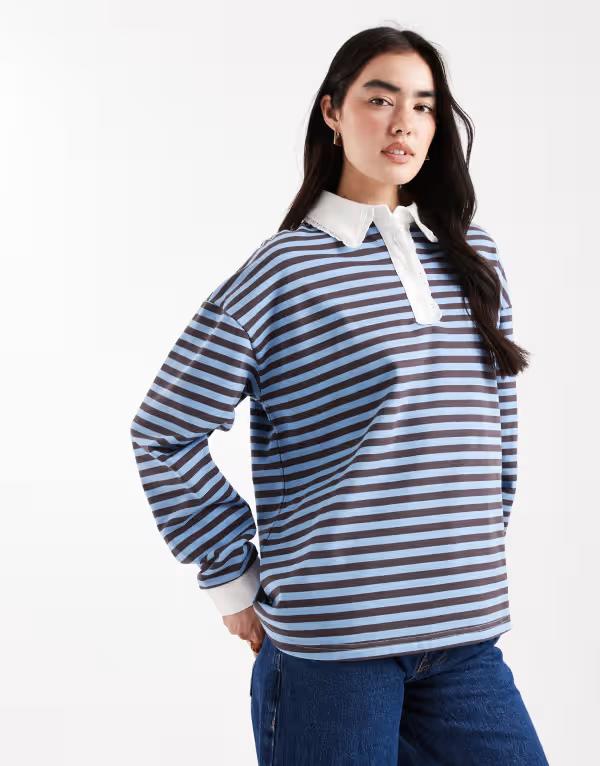 デイジーストリート レディース トップス ポロシャツ Daisy Street oversized rugby polo chocolate stripe BLUE CHOC STRIPE ブルー