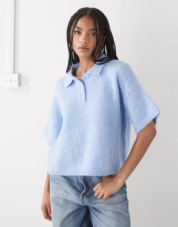 コルージョン レディース アウター ニット・セーター ポロシャツ COLLUSION knit short sleeve polo Soft Blue ブルー