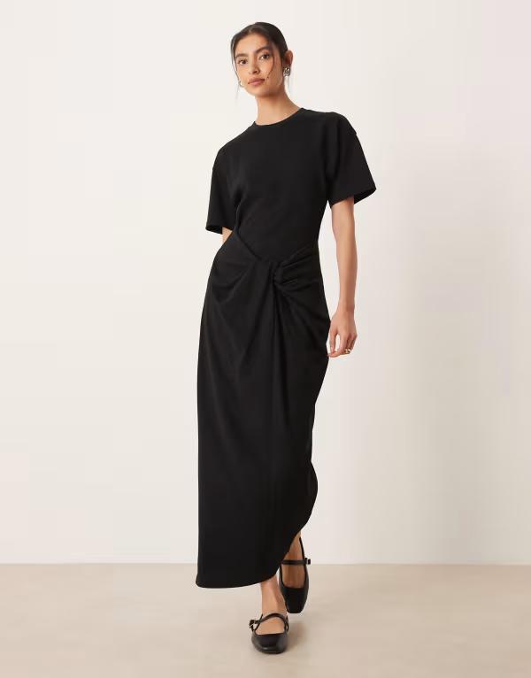 エイソス レディース トップス ワンピース ミディ Tシャツ ジャージー ASOS DESIGN Circular Design single jersey twist-shirt midi dress Black ブラック