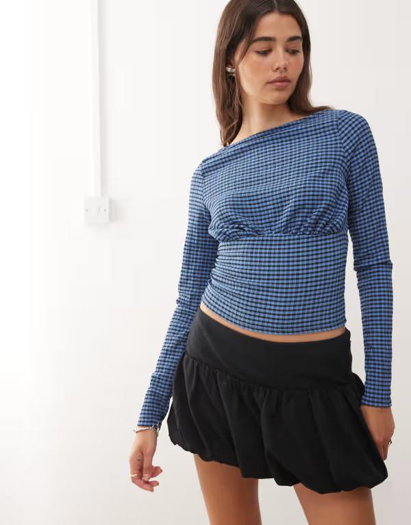 コルージョン レディース トップス Tシャツ ギンガムチェック ギンガム COLLUSION textured slash neck top gingham Blue check ブルー