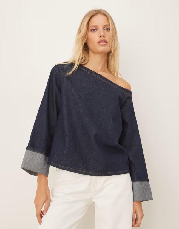 エイソス レディース トップス シャツ デニム ASOS DESIGN denim off the shoulder top with rolled cuffs in rinse wash Rinse Wash デニム