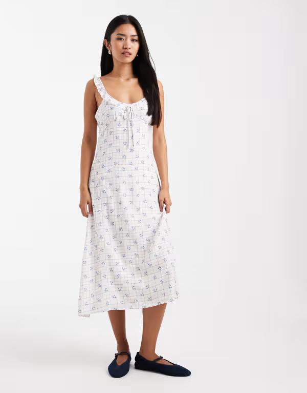 コットンオン レディース トップス ワンピース フラワー柄 ミディ フラワー Cotton layla frill midi dress in daisy walnut floral DAISY WALNUT｜ReVida 店