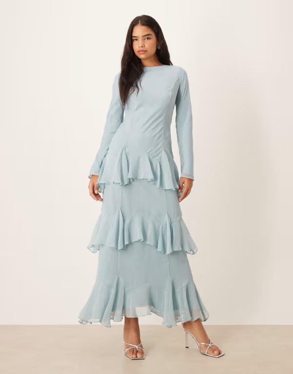 エイソス レディース トップス 衣装 シフォン フラウンス マキシ ASOS DESIGN long sleeve ruffle chiffon maxi dress インチ dusky Blue 青み