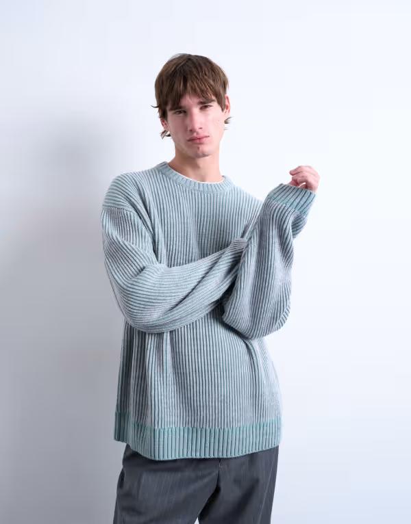 いの一番マン メンズ アウター 編み物・スウェーター 伸び伸びする填まる Topman relaxed fit knit fisherman sweater インチ washed BLUE 青色