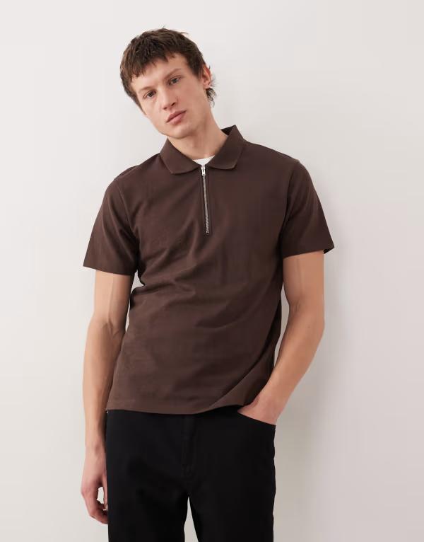 エイソス メンズ トップス スポーツシャツ ハーフジップ ASOS DESIGN polo with quarter zip boucle Bracken 赤銅色