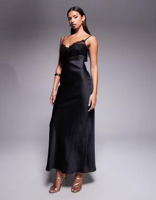 エイソス レディース トップス 衣装 カットアウト 繻子 スピード競技 マキシ ASOS DESIGN lace bust cup satin maxi dress with cut out back Black 黒いこと