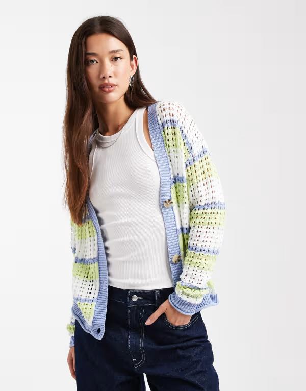 ブレーブソウル レディース アウター カーディガン ニット Brave Soul open knit cardigan stripe BLUE ブルー