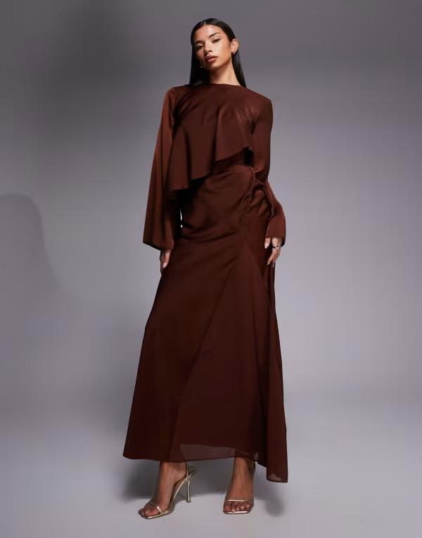 エイソス レディース トップス ワンピース ケープデザイン サテン キャップ ケープ マキシ ASOS DESIGN satin long sleeve cape detail maxi dress in chocolate チョコレート｜ReVida 店 26,520円