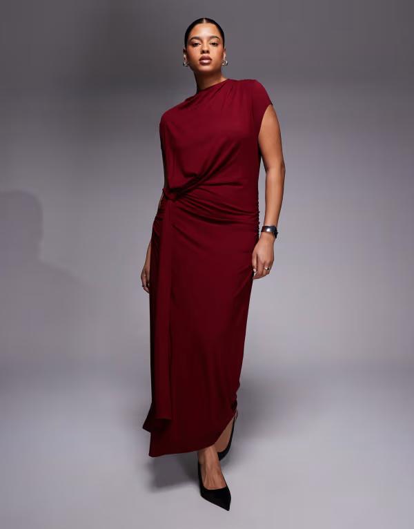 エイソス レディース トップス ワンピース ドレープ キャップ ASOS Curve ASOS DESIGN Curve draped cap sleeve midaxi dress wine ワイン