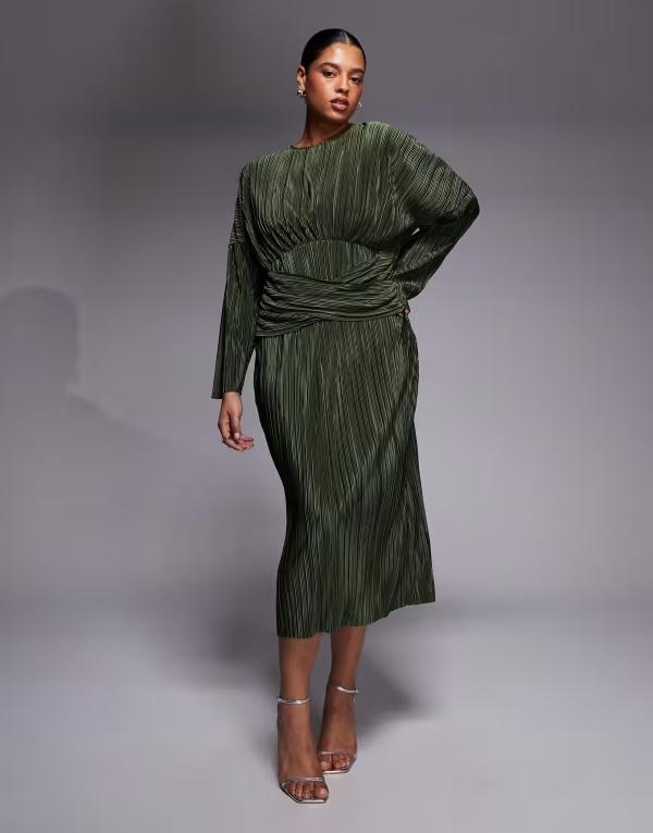 エイソス レディース トップス ワンピース ドレープ ミディ ASOS Curve ASOS DESIGN Curve pliss long sleeve draped waist midi dress Khaki カーキ