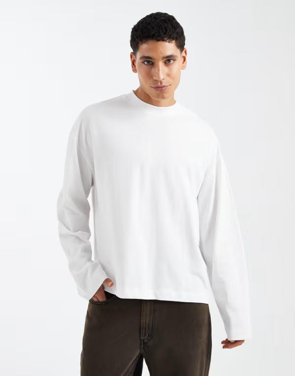 エイソス メンズ トップス Tシャツ ASOS DESIGN oversized boxy long sleeve T-shirt heavyweight WHITE ホワイト