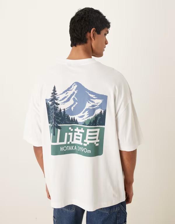 エイソス メンズ トップス Tシャツ グラフィック ASOS DESIGN oversized t-shirt with mountain graphic WHITE ホワイト