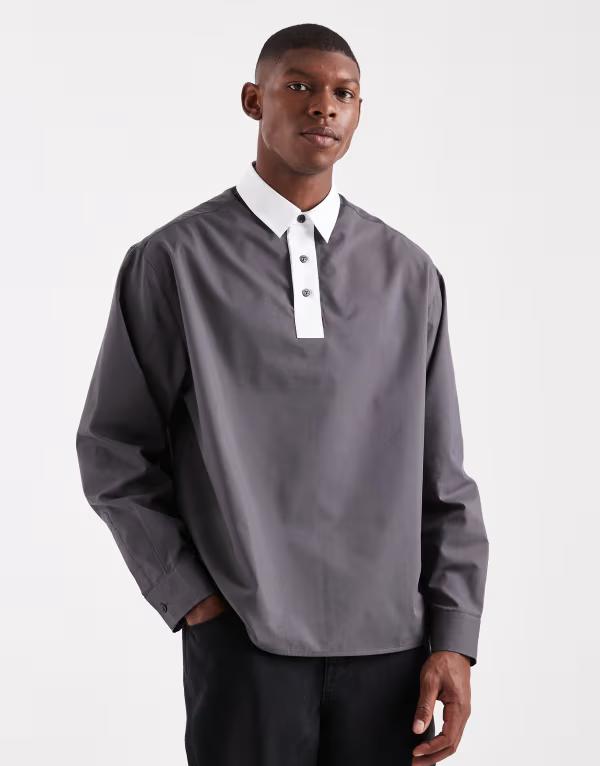 エイソス メンズ トップス シャツ コントラスト ASOS DESIGN oversized poplin over thead shirt with contrast collar Gray グレー