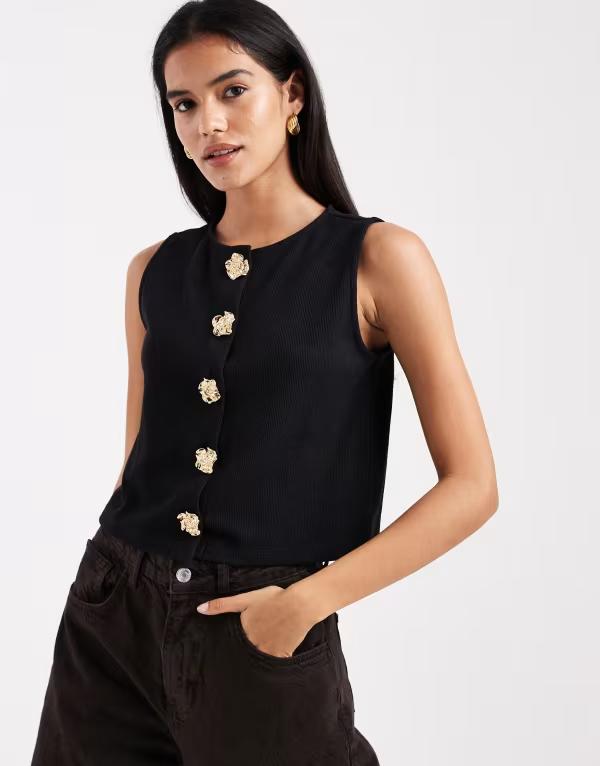 ミスセルフフリッジ レディース トップス タンクトップ ベスト Misselfridge flower metal trim vest Black ブラック
