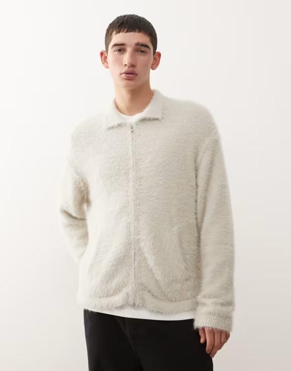 週日 メンズ アウター ジレー 編み物 Weekday hairy knit zip cardigan with collar White 白いこと