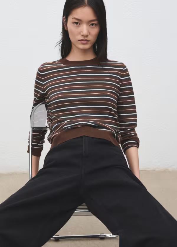 マンゴ レディース トップス シャツ ニット Mango round neck fine knitop stripe BROWN ブラウン