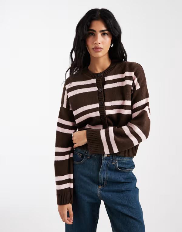 エイソス レディース アウター カーディガン ASOS DESIGN striped cardigan in chocolate and Chocolate and pink ピンク