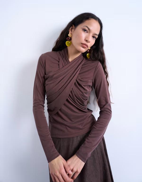 とっ始め販売店 レディース トップス プルオーバー Topshop cross over wrap long sleeve top インチ chocolate BROWN 赤銅色