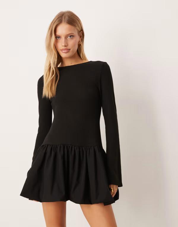 エイソス レディース トップス ワンピース ミニ ASOS DESIGN supersoft long sleeve bubble hemini dress Black ブラック