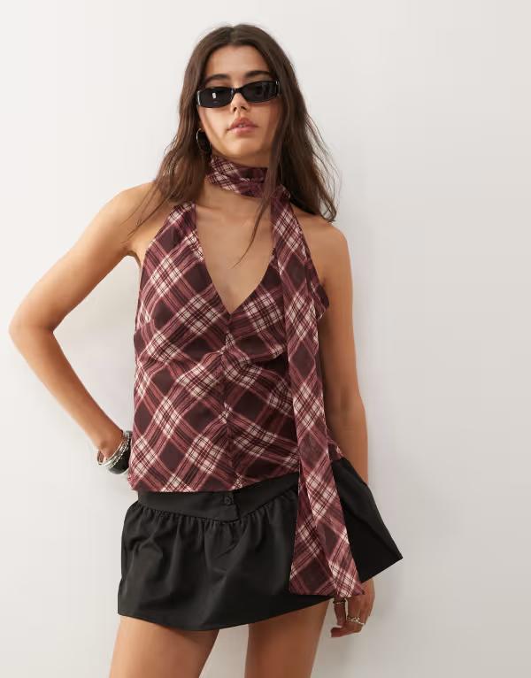 リクレイム ヴィンテージ レディース トップス シャツ プリント Reclaimed Vintage top with scarf in spliced burgundy check print multi マルチカラー