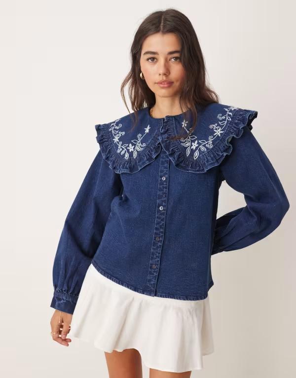 ミスセルフフリッジ レディース トップス シャツ フリル 刺繍 デニム Misselfridge rufflembroidered collar denim shirt indigo INDIGO インディゴ