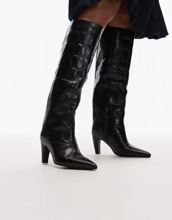 ブロンクス レディース シューズ ブーツ・レインブーツ レザー Bronx knee boots in leather black croc Black ブラック