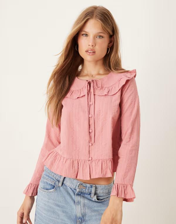 ノーバディーズ チャイルド レディース トップス シャツ フリル ブラウス Nobody's Child Britney ruffle collar blouse in dusky pink ピンク