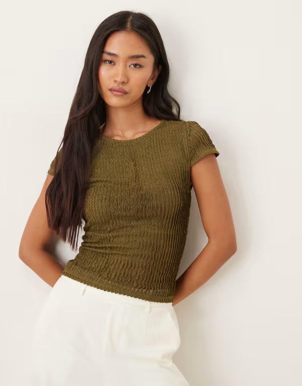 エイソス レディース トップス シャツ フリル ASOS DESIGN textured ruffle baby tee Khaki カーキ