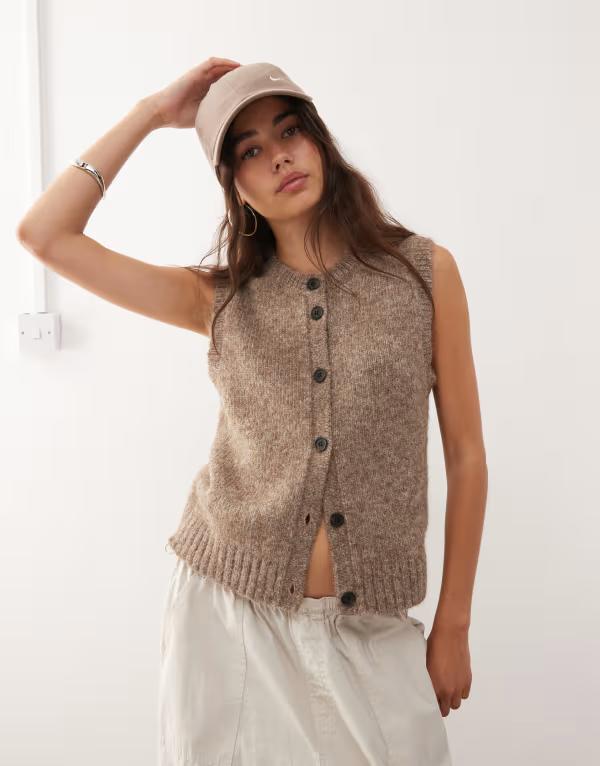 週日 レディース トップス 限りない Vのど首 編み物 Weekday knitank top withigh V-neck melange - Exclusive to ASOS Beige melange ベージュ ベスト・ジレ-トップス
