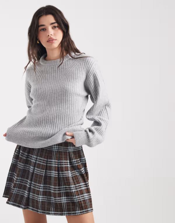 エイソス レディース アウター ニット・セーター ASOS DESIGN stuffed neck trim rib detail sweater Gray グレー