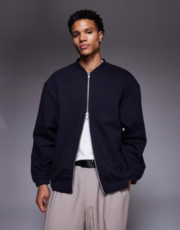 エイソス メンズ アウター ジャケット・ブルゾン ジャージー ASOS DESIGN oversized heavyweight jersey bomber jacket Deep well ネイビー