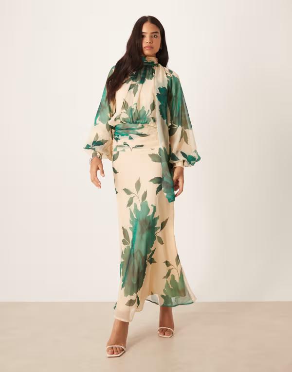 エイソス レディース トップス 衣装 シフォン ハイネック 御花柄 ドレープリント マキシ 御花 ASOS DESIGN high neck drape chiffon maxi dress with neck tie floral print Green floral print 緑であること