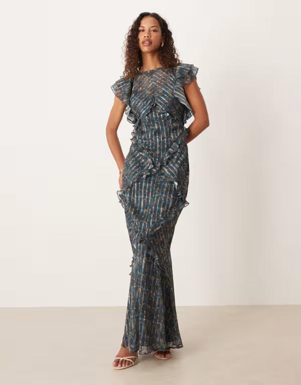 エイソス レディース トップス ワンピース フラワー柄 プリント マキシ フラワー ASOS DESIGN maxi dress with frill body detailing floral print Blue ditsy ブルー 21,226円