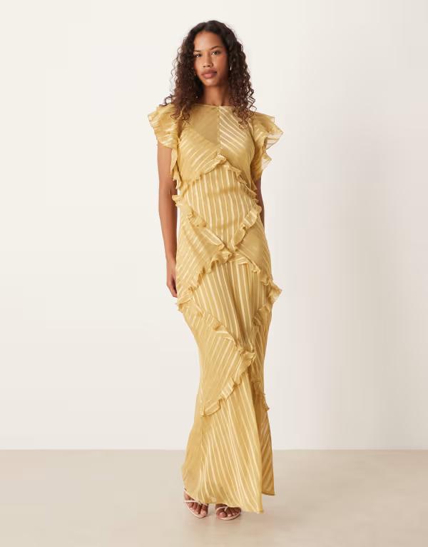 エイソス レディース トップス ワンピース マキシ ASOS DESIGN maxi dress with frill body detailing in yellow stripes Yellow stripe イエロー