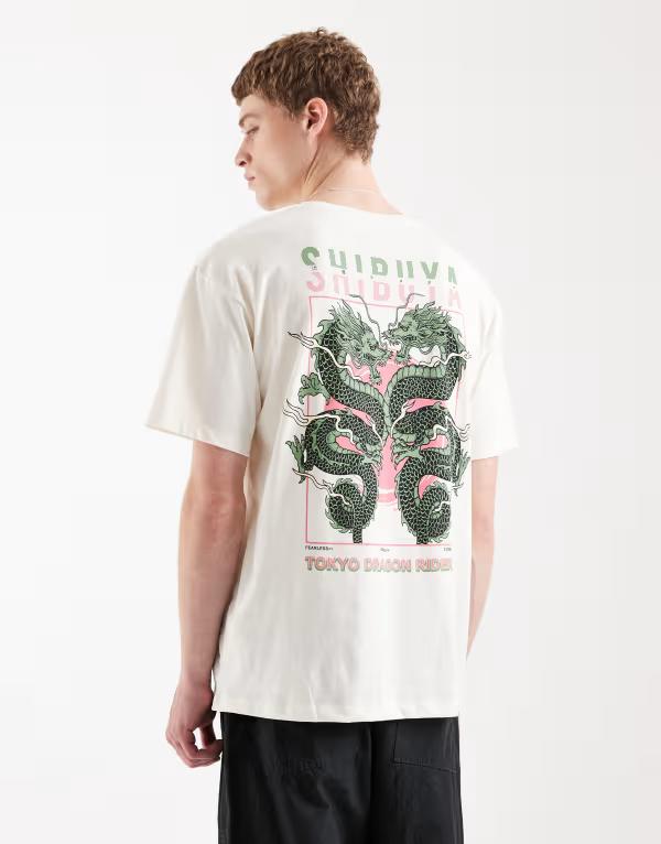 ジャック アンド ジョーンズ メンズ トップス Tシャツ プリント Jack & Jones oversized T-shirt with dragon back print Egret ベージュ