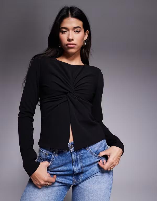 エイソス レディース トップス Tシャツ クレープ ASOS DESIGN crepe twisted front long sleeve top with shoulder pads Black ブラック