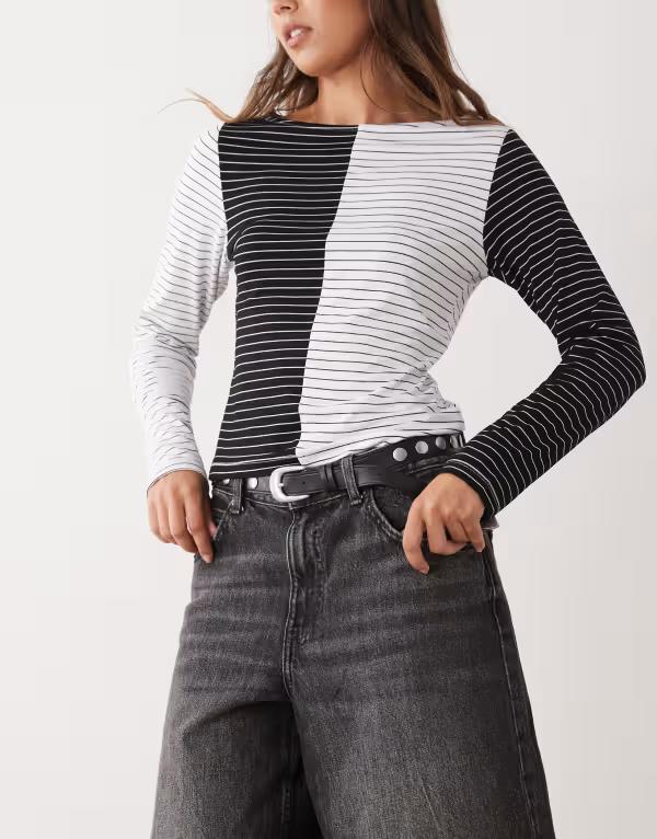 リクレイム ヴィンテージ レディース トップス プルオーバー Reclaimed Vintage slash neck long sleeve top インチ mixed mono stripe Black 黒いこと