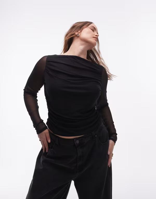 エイソス レディース トップス Tシャツ ドレープ メッシュ ASOS Curve ASOS DESIGN Curve mesh draped long sleeve top Black ブラック