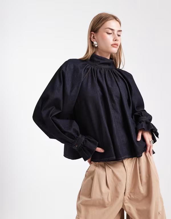エイソス レディース トップス シャツ デニム ブラウス ASOS DESIGN denim historical sleeve volume blouse indigo Indigo wash インディゴ