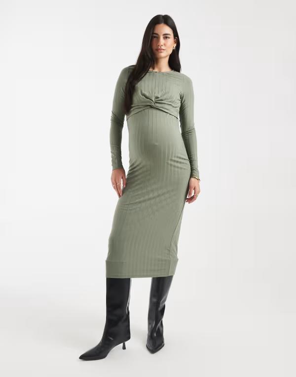 ママライシアス レディース トップス ワンピース リブ ミディ マタニティ Mama.licious Mamalicious Maternity long sleeve 2 functionursing ribbed midi dress in light Sea spray グリーン｜ReVida 店 17,026円
