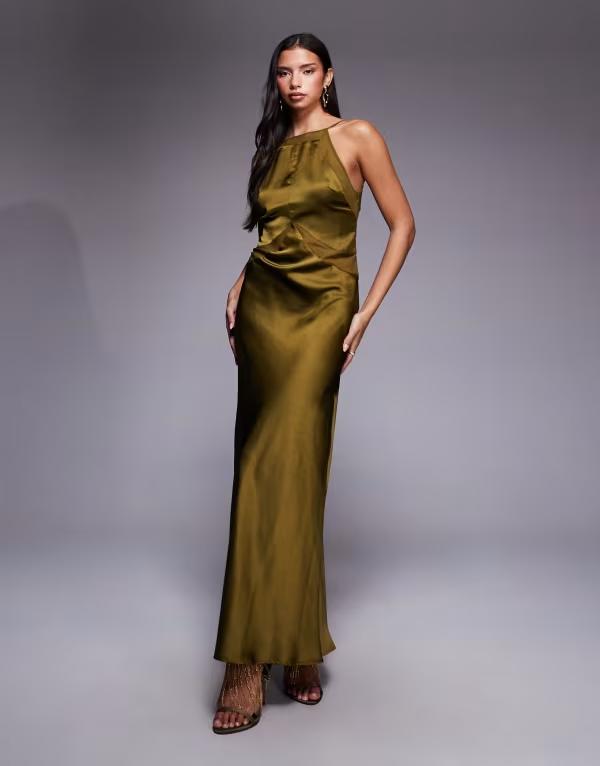エイソス レディース トップス ワンピース シフォン ハイネック サテン マキシ ASOS DESIGN satin chiffon mix square high neck maxi dress in dark olive Dark olive オリーブ｜ReVida 店