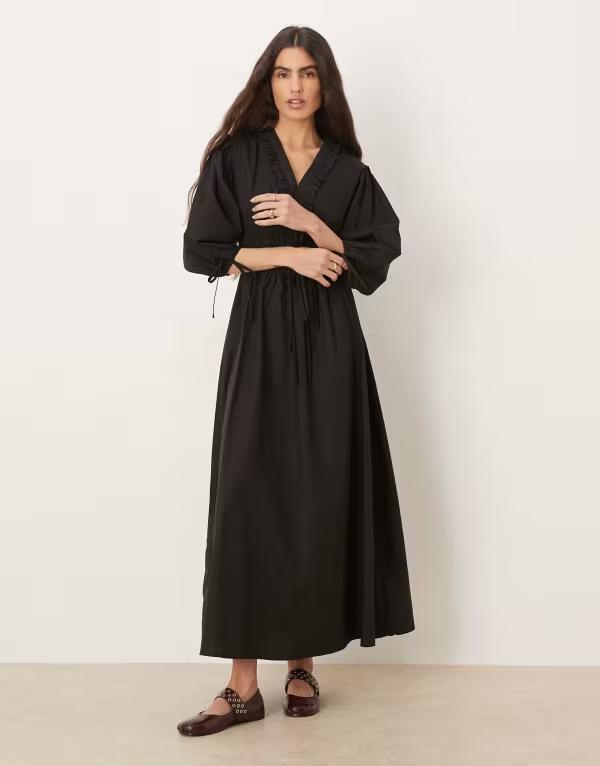 グラマラス レディース トップス ワンピース Vネック ギャザー マキシ Glamorous V-neck poplin ruched long sleeve maxi dress Black ブラック