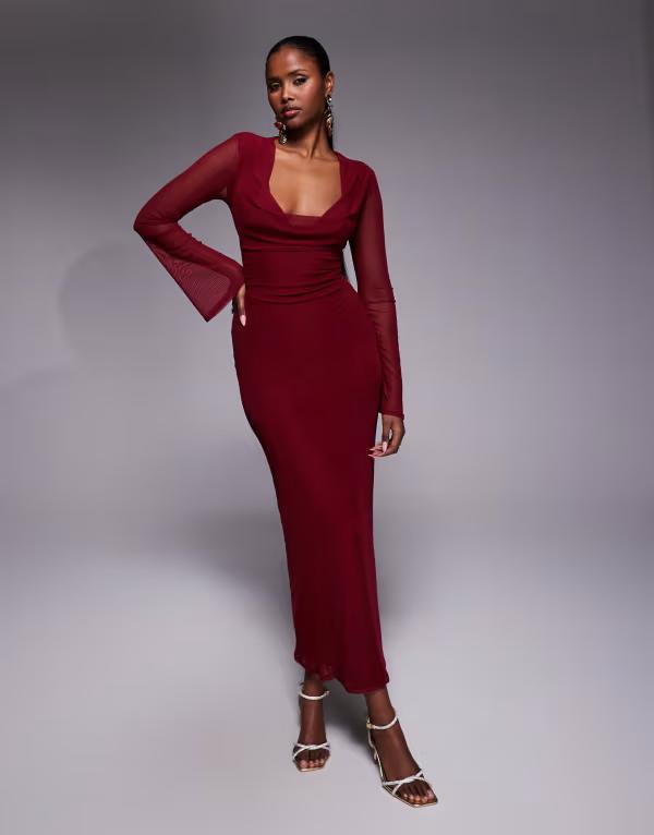 エイソス レディース トップス 衣装 メッシュ スピード競技 マキシ ASOS DESIGN mesh angel sleeve lace up back long sleeve maxi dress Burgundy バーガンディ