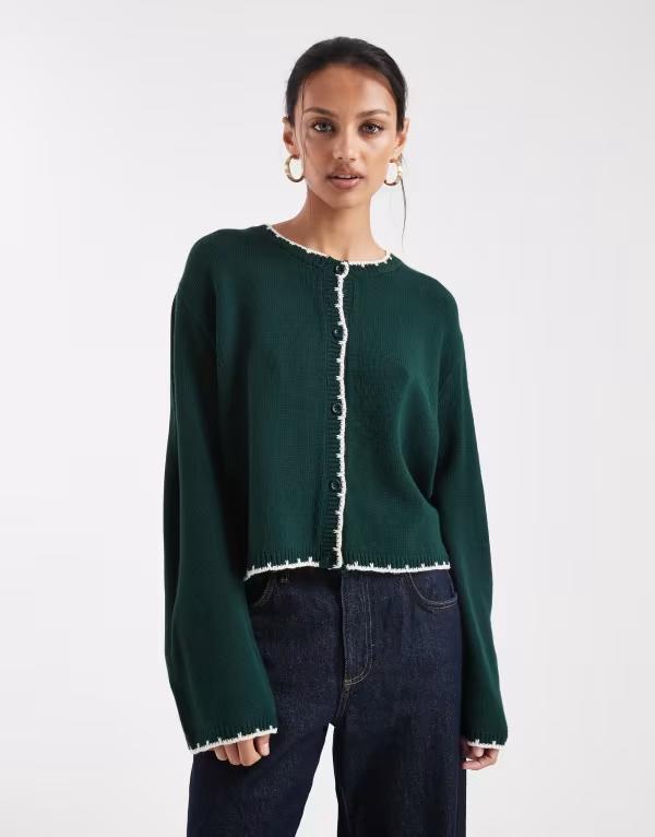 ミスセルフフリッジ レディース アウター カーディガン Misselfridge blanket stitch cardigan in forest GREEN グリーン
