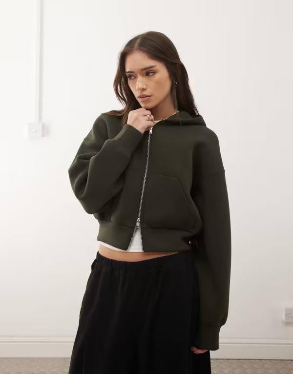 ウィークデイ レディース アウター パーカー・スウェット スキューバ Weekday Danni zip hoodie in dark green scuba-style fabric Dark Green グリーン