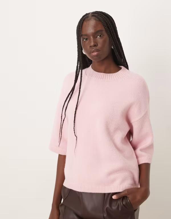 マンゴ レディース アウター パーカー・スウェット ニット Mango short sleeve knitop in pastel pink ピンク｜ReVida 店